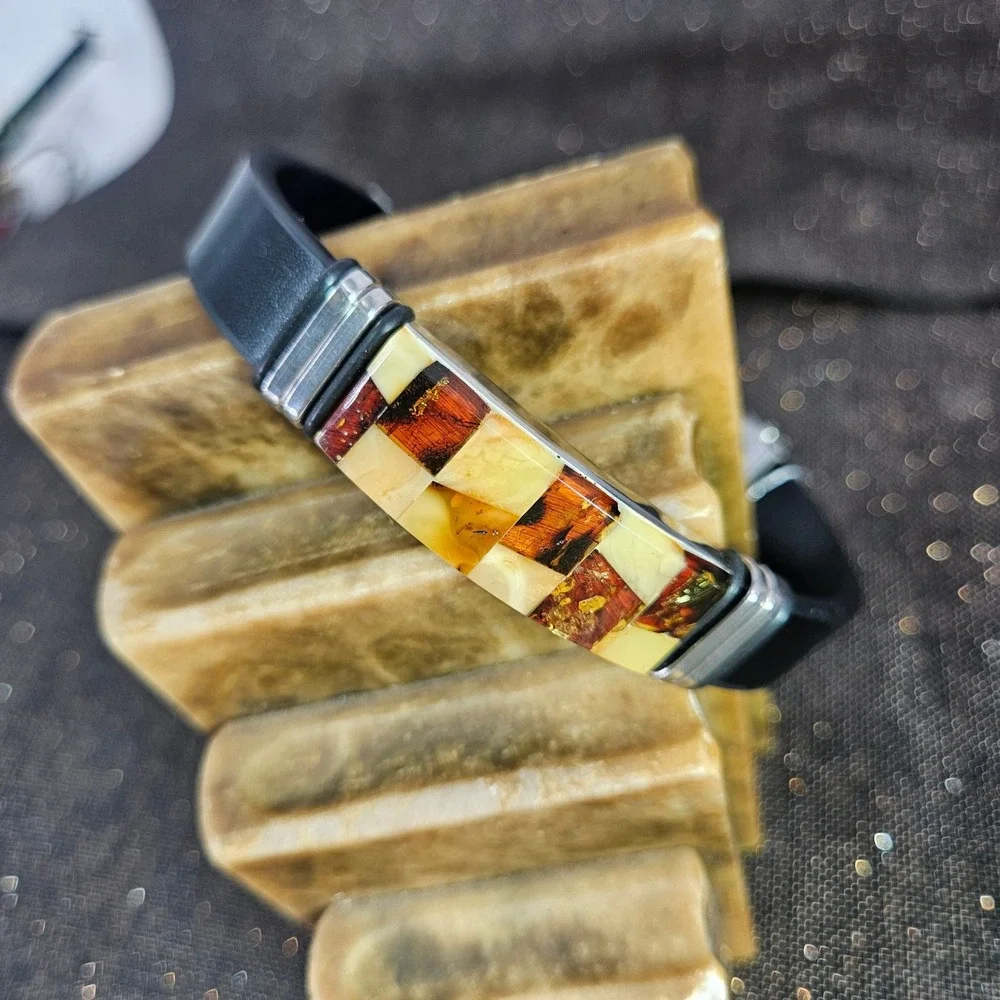 Ewa Plachta Baltic Amber Stainless Steel Leather Checkerboard Bracelet Unisex‎